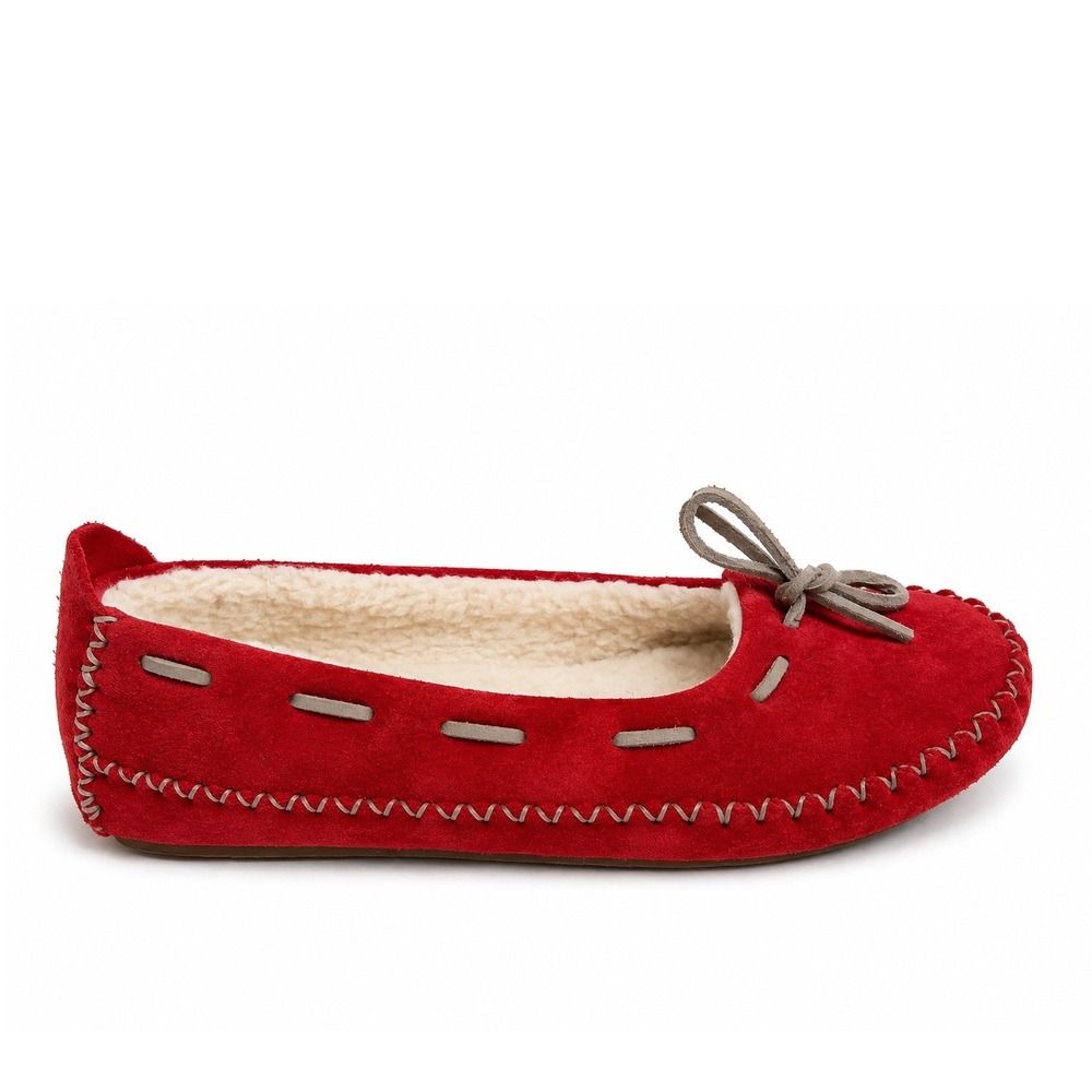 L.L. Bean 7 Hearthside Slipper Moccasin Red Suede Shearling Lined Bow Shoe